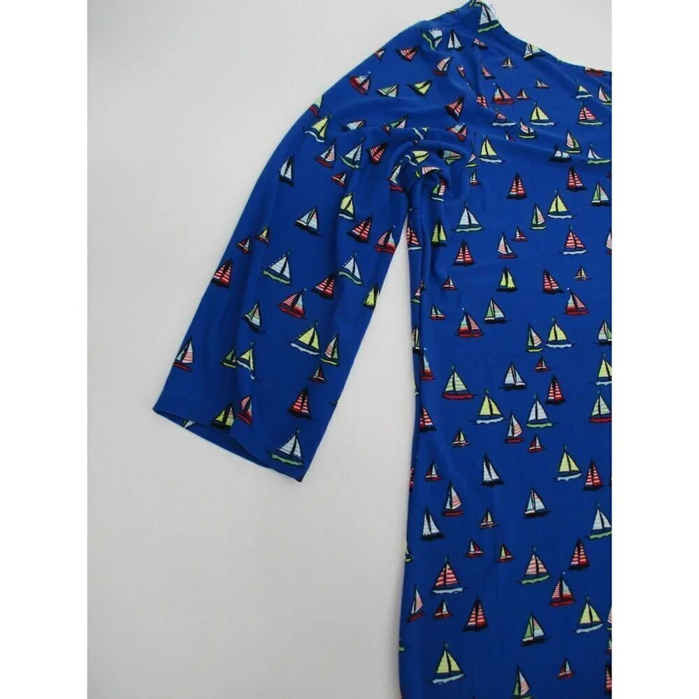 Leota Womens Dress 1X Long Blue Preppy Nautical Ships Boats Stretch Pullover